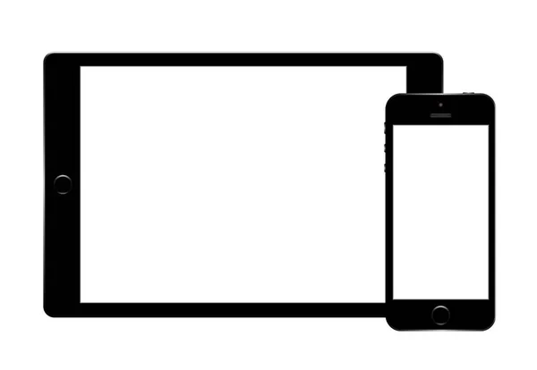 Современный цифровой планшетный компьютер с мобильным смартфоном изолирован на белом . — стоковое фото