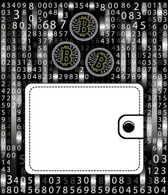 Arka plan dijital matrisin üzerinde bir çanta içinde kavram bitcoin. Modern kazanç ve tasarruf kavramı. EPS 10 vektör çizim