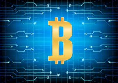 Kripto para birimi soyutlama altın bit-para. Mavi arka plan üzerinde soyut sanal para. Para düşüldükten ve dijital matris. EPS 10 vektör çizim
