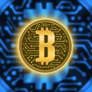 Altın sikke Kripto para birimi soyutlama. Bir elektrik devresi ile mavi bir arka plan üzerinde soyut sanal para.