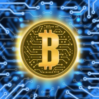 Altın sikke Kripto para birimi soyutlama. Bir elektrik devresi ile mavi bir arka plan üzerinde soyut sanal para.