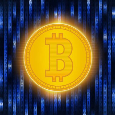 Bitcoin kavramı mavi bir arka plan üzerinde. Para düşüldükten ve dijital matris. Kripto para birimi soyutlama altın bit-sikke .