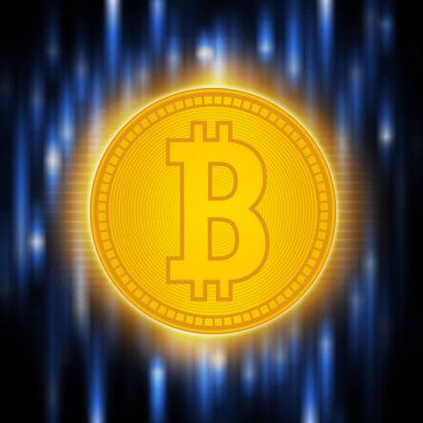 Kripto para birimi soyutlama altın bit-para. Bitcoin kavramı mavi bir arka plan üzerinde. Para düşüldükten dijital matris .