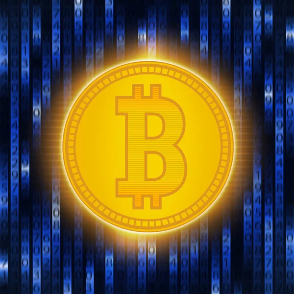 Bitcoin-Konzept auf abstraktem blauem Hintergrund. Digitale Matrix des Abzugs von Geld. Kryptowährungsabstraktion goldene Bitmünze . — Stockfoto