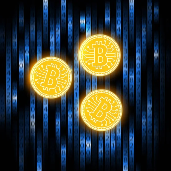 Koncepcja Bitcoin na niebieskie tło. Matryca odliczeniu pieniędzy. Krypto waluty abstrakcji złoty bit monety . — Zdjęcie stockowe
