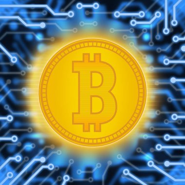 Altın sikke Kripto para birimi soyutlama. Bir elektrik devresi ile mavi bir arka plan üzerinde soyut sanal para.