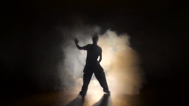 Bailarina en el humo en la oscuridad . — Vídeos de Stock