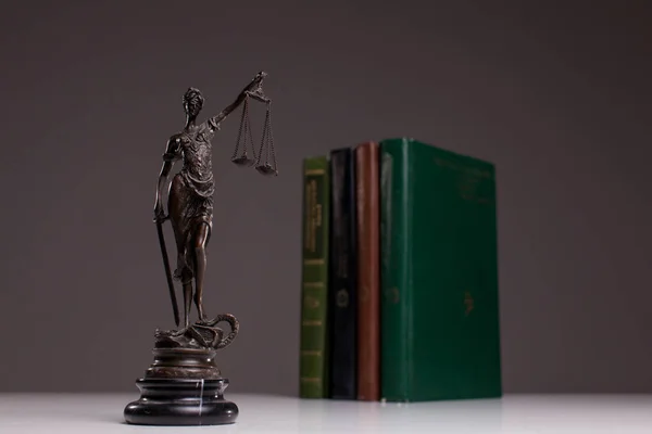 Statuette of Themis the symbol of law on old wooden floor with legal codes.
