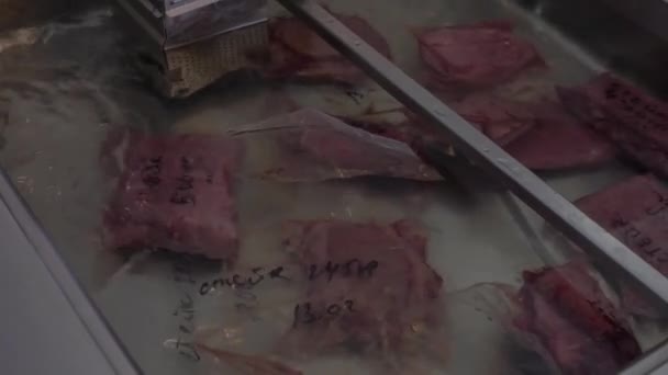 Pedaços congelados de carne crua embalados no vácuo estão no tratamento de água fria — Vídeo de Stock