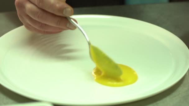 Chef decorate a dish of mustard sauce — Stock Video