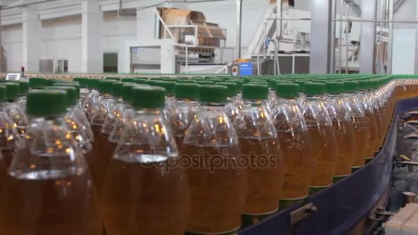 La linea di produzione della limonata. Un trasportatore di bottiglie di plastica riempito con primo piano liquido — Video Stock