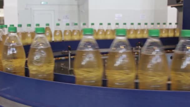 Produktionslinjen lemonad. Ett transportband av plast flaskor fyllda med vätska. — Stockvideo