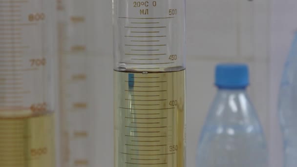 Vätskan i kolven mäts av en specialiserad termometer — Stockvideo