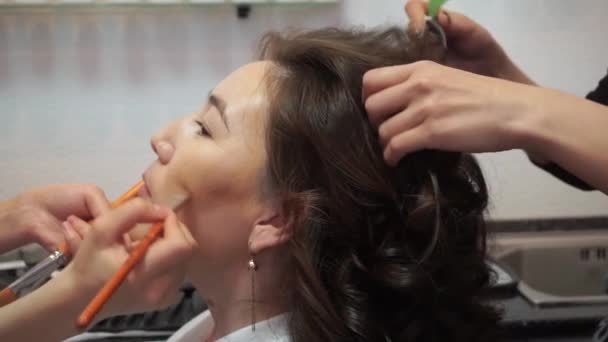 Eine erwachsene Stylistin Make-up und Frisur. Korrektur des Gesichts, Problemhaut. professionelles Haarstyling — Stockvideo