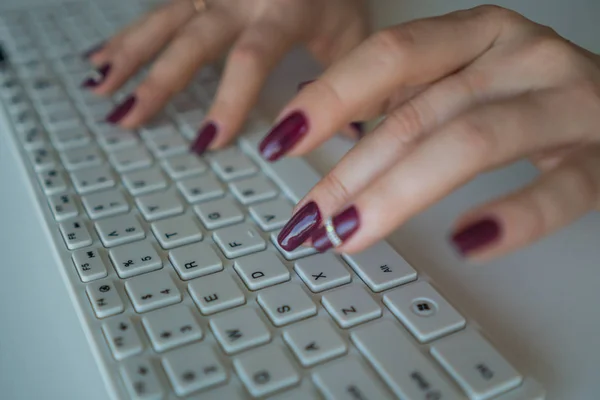 Business woman is typing text on a computer keyboard.