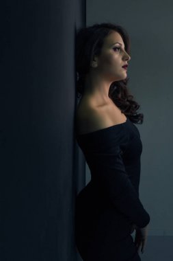 Güzel esmer şık seksi elbiseli duvarın yanında poz