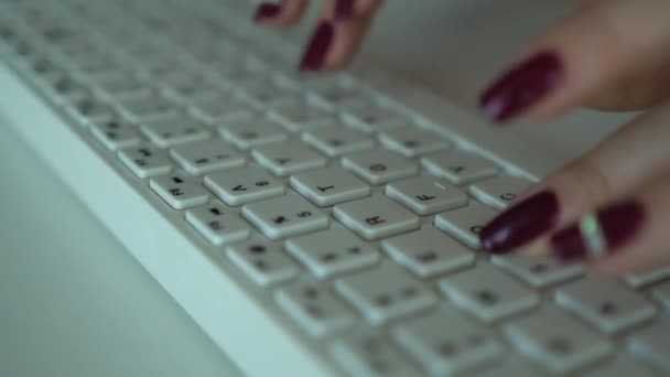 컴퓨터 키보드 클로즈업에 여성 손에 인쇄 텍스트. — 비디오