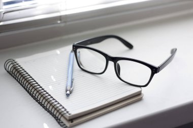 iş, defter, kalem, defter, günlüğü, gözlük, iş, okul, penceresinde