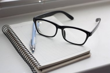 iş, defter, kalem, defter, günlüğü, gözlük, iş, okul, penceresinde