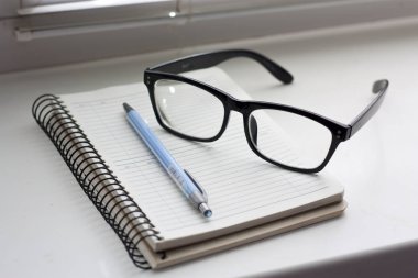 iş, defter, kalem, defter, günlüğü, gözlük, iş, okul, penceresinde