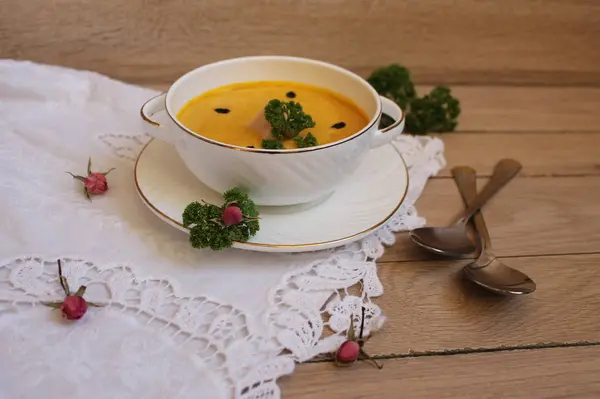 Pumpkin cream-soup with barberry — Stock Photo, Image