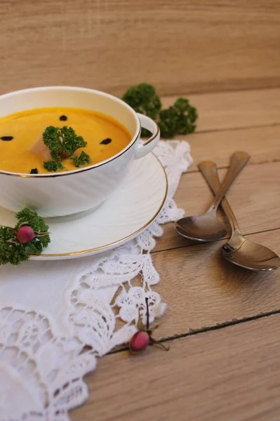Pumpkin cream-soup with barberry — Stock Photo, Image