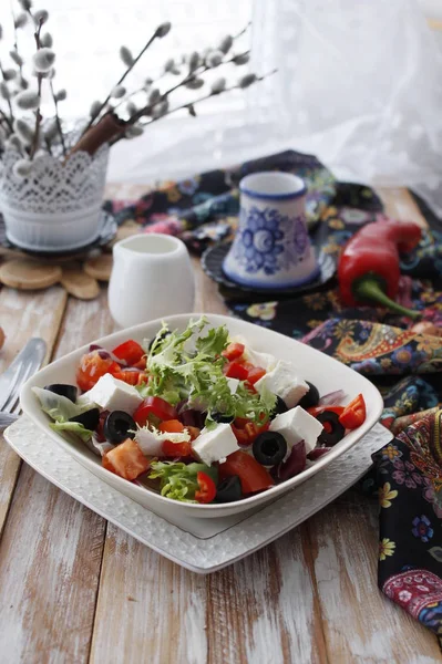 Italian Salad Fresh Vegetables Black Olives Parmes — Stock Photo, Image