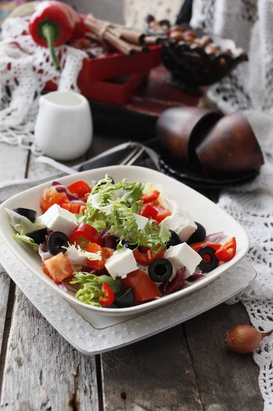 Italian Salad Fresh Vegetables Black Olives Parmes — Stock Photo, Image