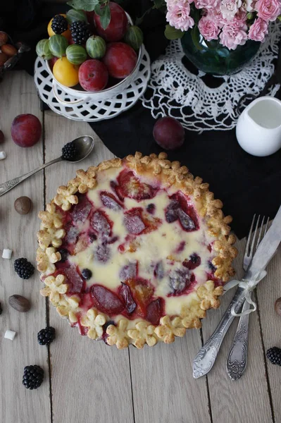 Fruit pie. Sweet pie, tart with fresh plums. Delicious cake with plums stock photo