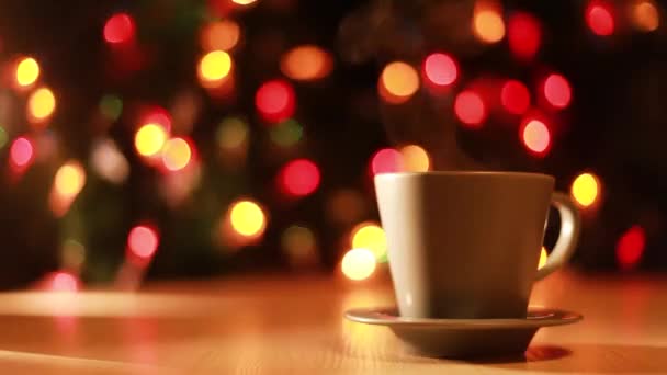 Nieuwjaar, kerstboom, winter, koffie — Stockvideo