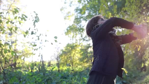 Chica arroja las hojas de otoño en el parque ralentizado — Vídeos de Stock