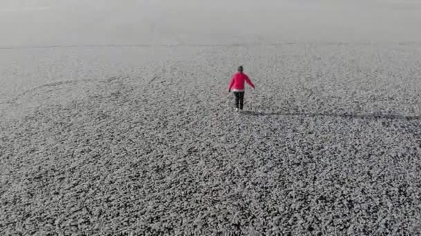 Κορίτσι Παγοδρομία Ρολό Μια Παγωμένη Τεράστια Λίμνη Θέα Από Ψηλά — Αρχείο Βίντεο