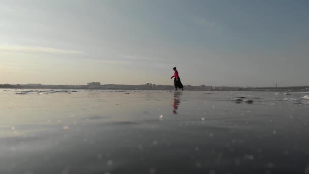 工業都市を背景に大きな貯水池で氷の上でスケート女の子 — ストック動画