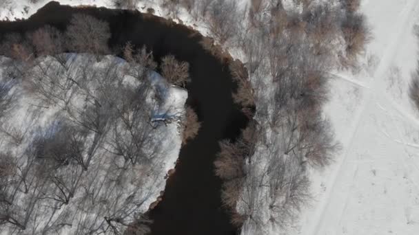 春天从河上的四合院看风景 河水流过白雪和光秃秃的树木之间 — 图库视频影像