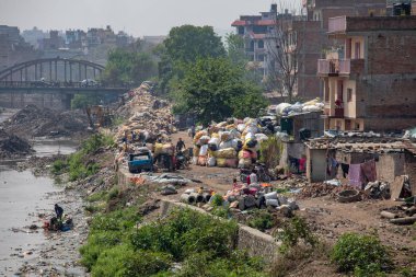 Nepal, Katmandu şehir sokaklarında çöp ayıklıyor. Çevre felaketi