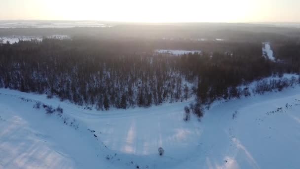 Ovanifrån Snötäckta Fält Och Skog Kvadrokopterskjutning Vid Solnedgången — Stockvideo