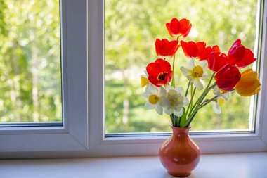 Beyaz bir pencere pervazında vazoda duran parlak kırmızı, beyaz ve sarı çiçekler. Pencerenin dışında ağaçların yeşil yaprakları var. Pencereden güneş ışığı düşüyor.