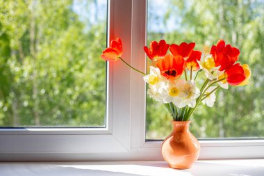 Beyaz bir pencere pervazında vazoda duran parlak kırmızı, beyaz ve sarı çiçekler. Pencerenin dışında ağaçların yeşil yaprakları var. Pencereden güneş ışığı düşüyor.