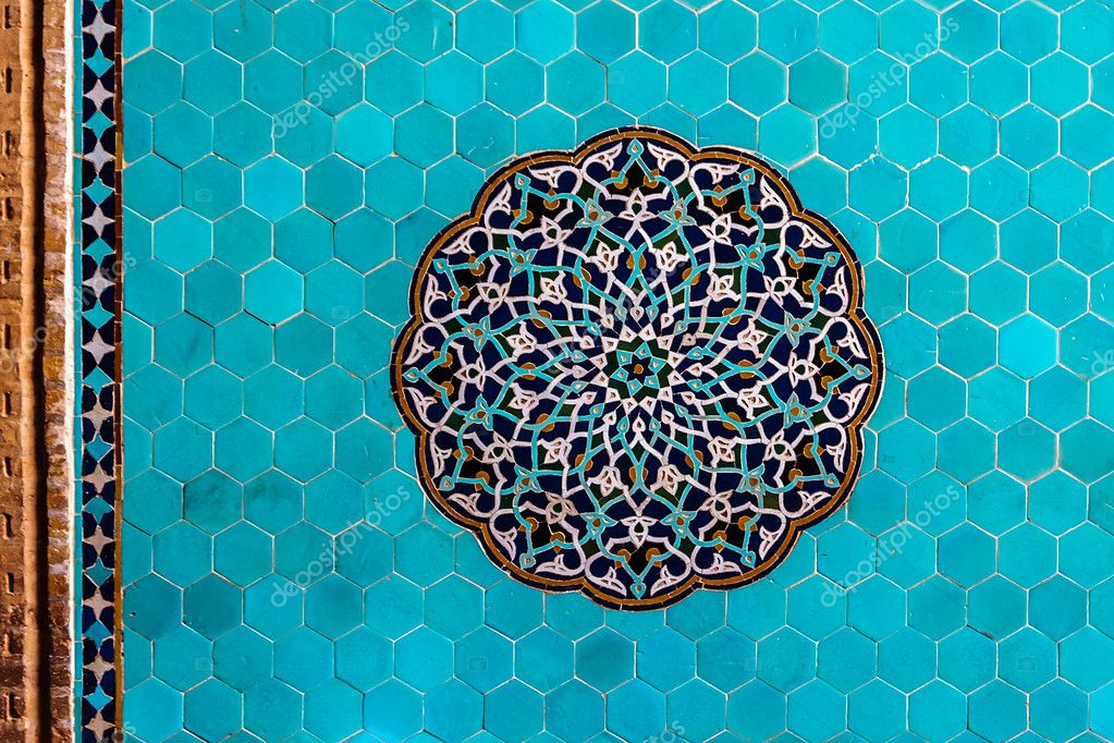 Blue arabesque Islamic geometric patterns inside an old mosque in Yazd,  Iran Stock Photo by ©fireworkspixels 125422860