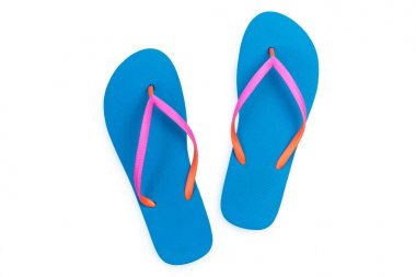 Beyaz arka plan üzerinde izole mavi flip flop. Üstten Görünüm