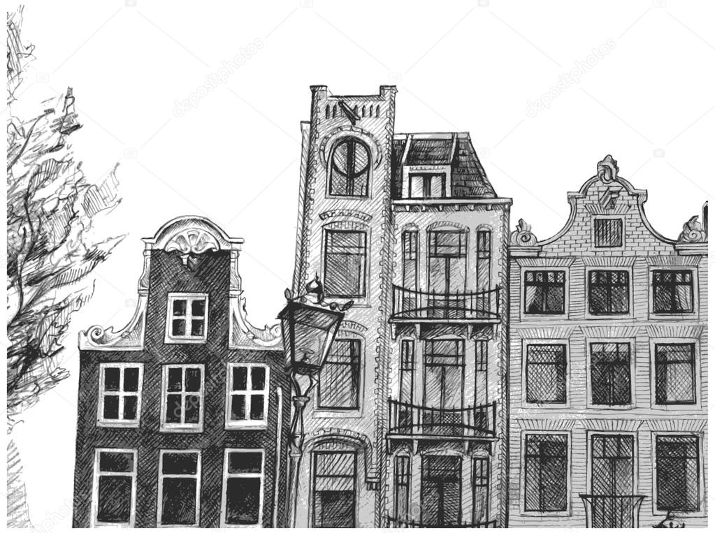 Amsterdam house drawing. Vector illustration