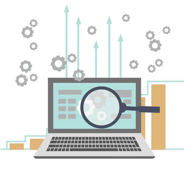 Portátil con lupa y gráficos de negocios — Archivo Imágenes Vectoriales