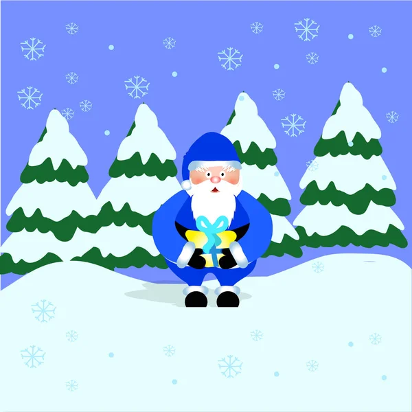 Santa em azul traje segurando presente —  Vetores de Stock