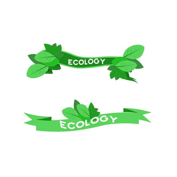 用文本生态学和树叶的绿色磁带 — 图库矢量图片