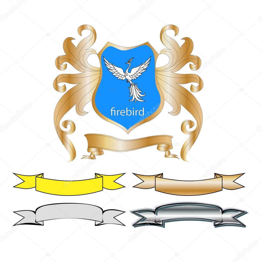 Coat of arms with firebird and ribbons isolated on white background