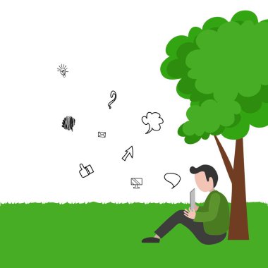 Onun tableti ağacının altında olan çocuk. Vektör çizim