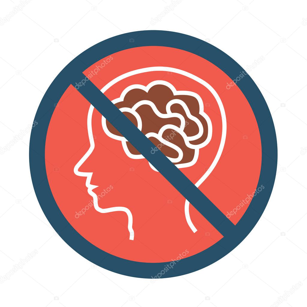 Stop thinking. It is forbidden to brain. Red prohibited sign. Vector illustration