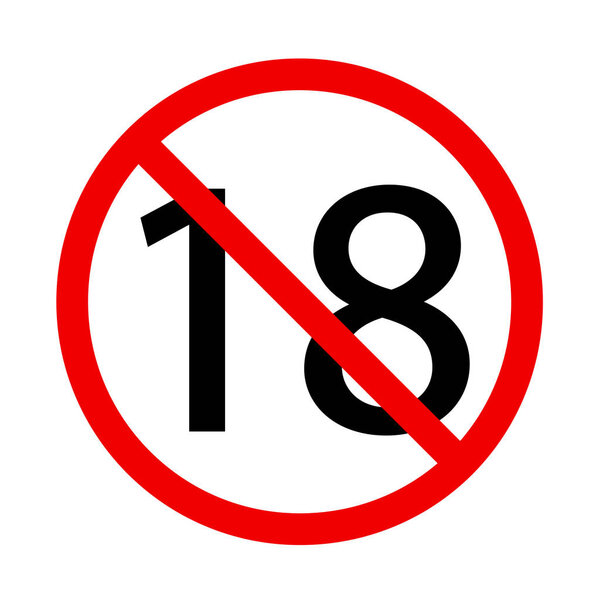 Никаких признаков 18-летней давности. Значок содержания для взрослых. Красный знак запрета. Стоп символ. Вектор
