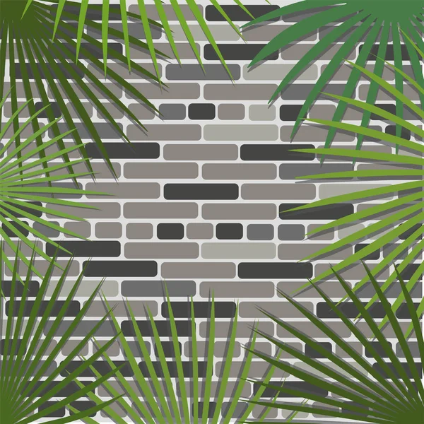 Palm Bladeren Een Bakstenen Muur Achtergrond Vectorillustratie — Stockvector