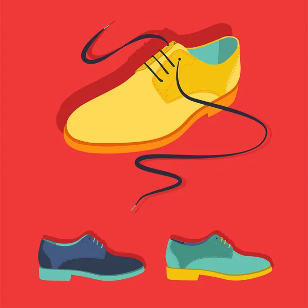 Set Men Shoes Different Colors Red Background Vector Illustration — Stock Vector